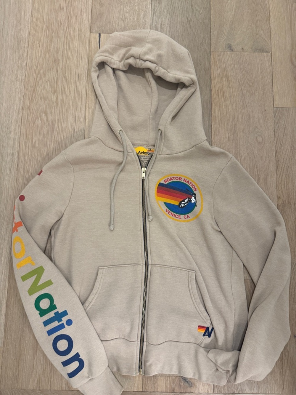 Aviator Nation Beige Zip Hoodie with Rainbow Logo XS